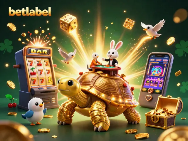 Betlabel casino scene with a golden tortoise, rabbit dealer, and dynamic gaming elements.