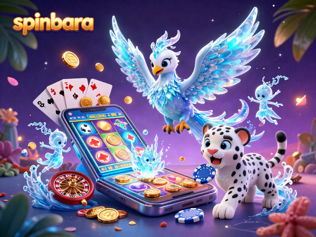 Experience spinbara's vibrant gaming adventure with ice phoenix, playful cub, and dynamic casino elements.