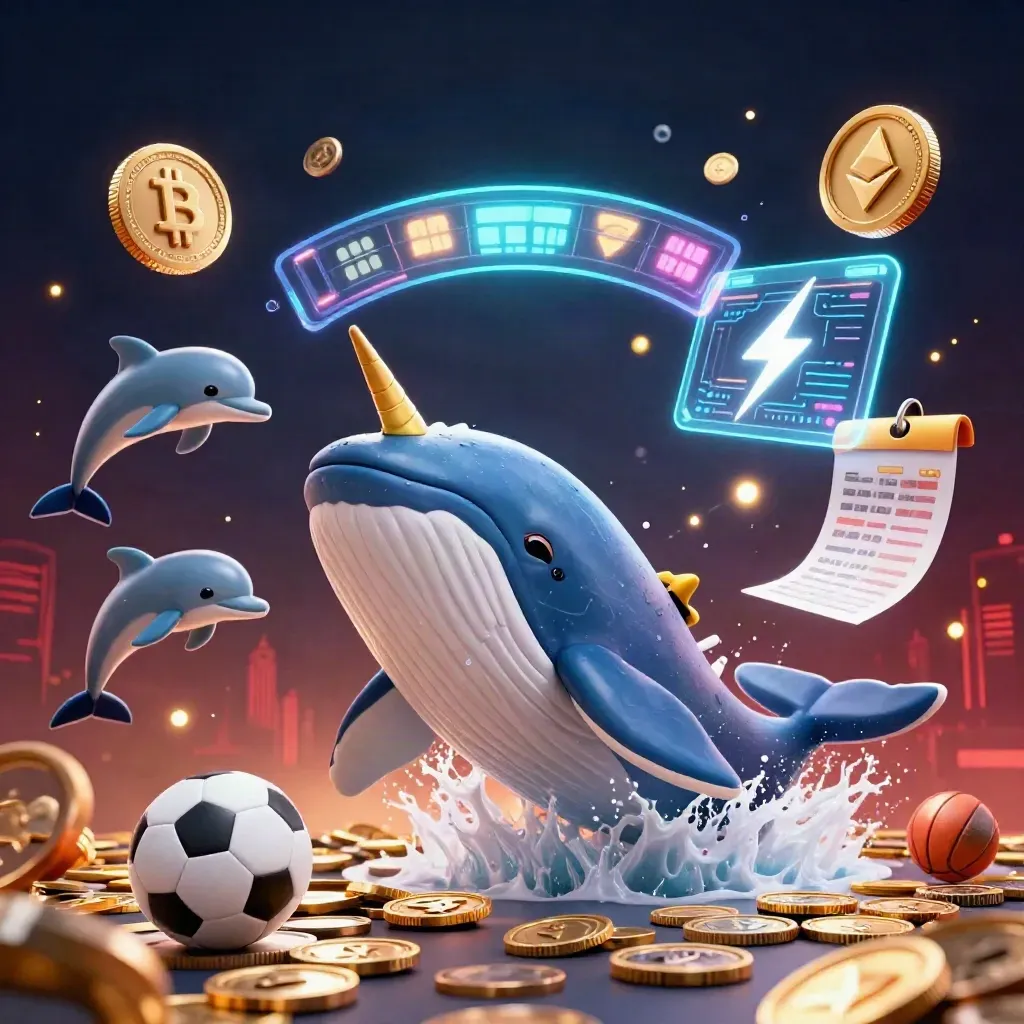 Ballena capitán, narval y delfines entre monedas, balón y luces de casino deportivo.