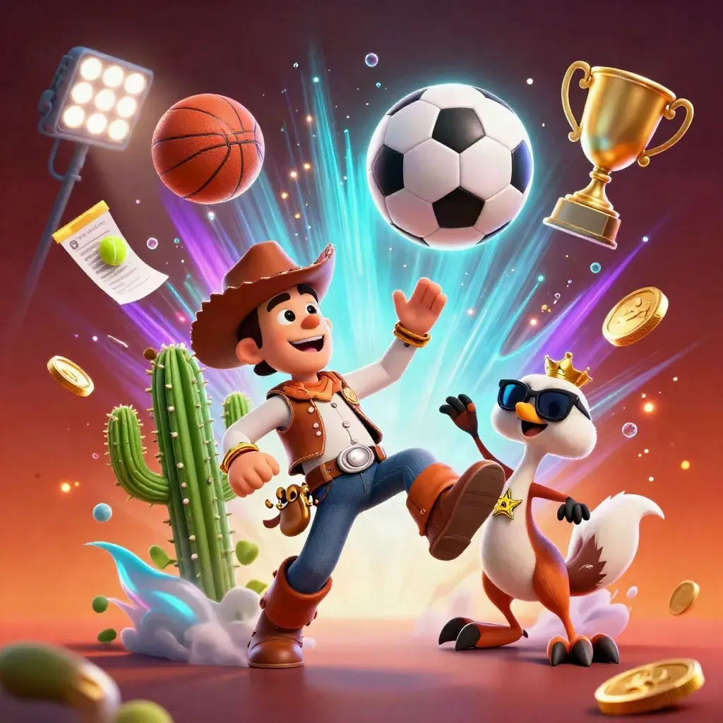 Cowboy T-Rex, cactus y correcaminos rodean un balón de fútbol con luces épicas.