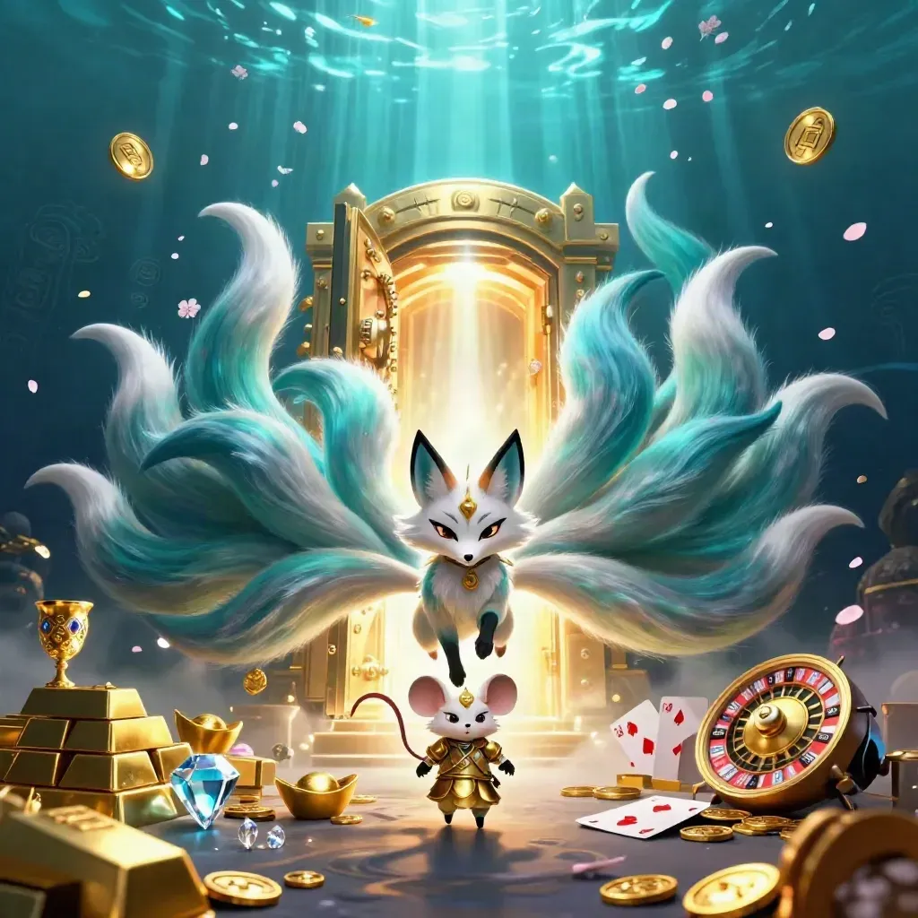 Zorro de nueve colas con ratón samurái ante un tesoro dorado y luces teal en fondo marino oscuro.