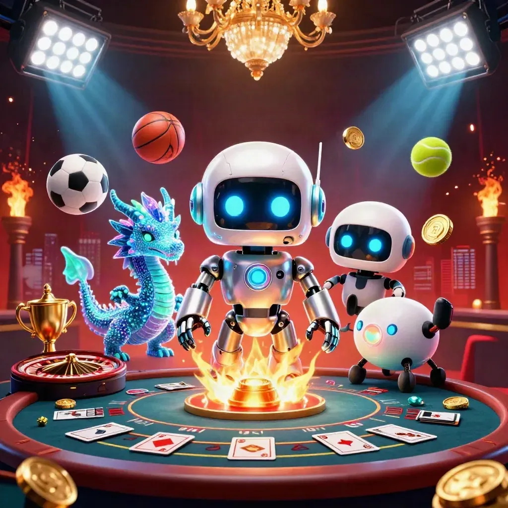 Robot, dragón holográfico y dron entre ruleta, monedas y luces de casino futurista.