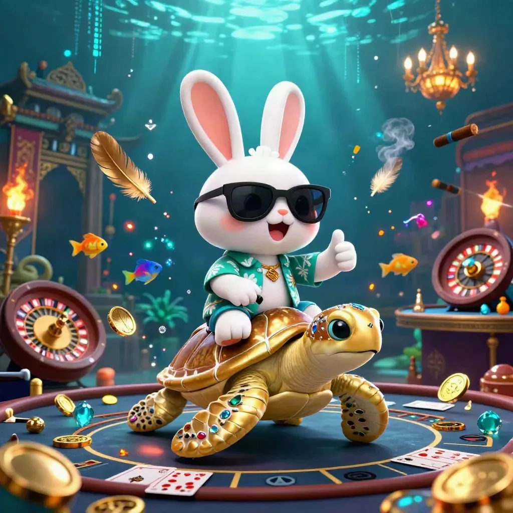 Conejo lucky sobre tortuga dorada en casino submarino teal con luces cinematográficas.