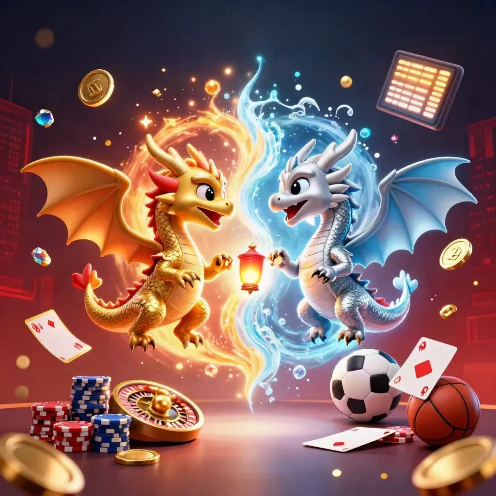 Dos dragones 3D dorado y plateado con monedas, ruleta y fichas en fondo rojo oscuro.