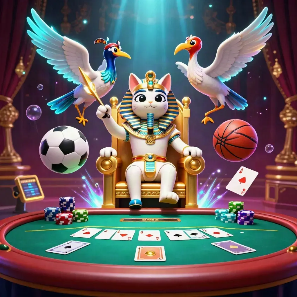 Gato faraón, ibis y escarabajos junto a mesa de póker con balón y pelota en luz neón.