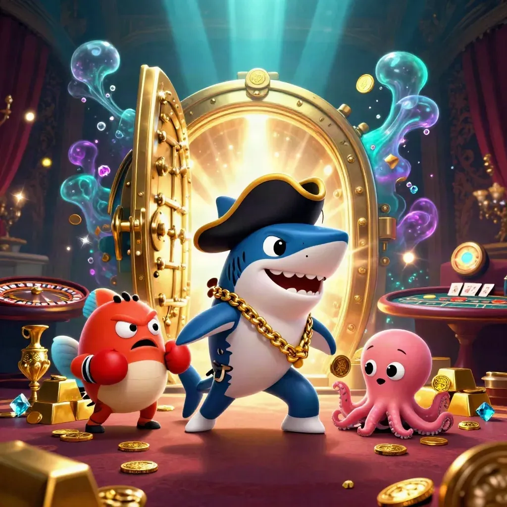 Tiburón pirata, pez globo y pulpo bebé en sala lujosa con tesoro, luces cian y doradas.