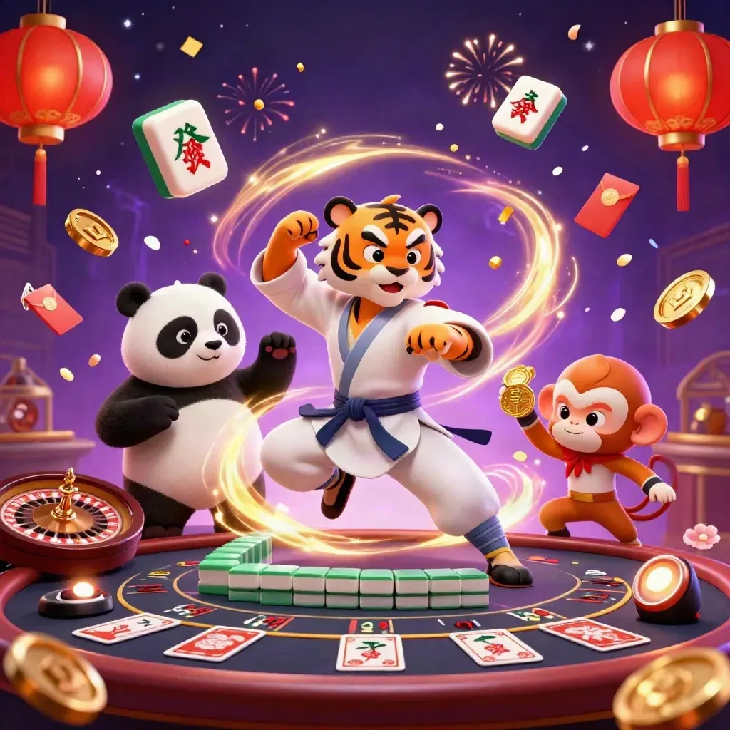 Tigre, panda y mono en un casino místico con monedas, linternas y fuegos artificiales.