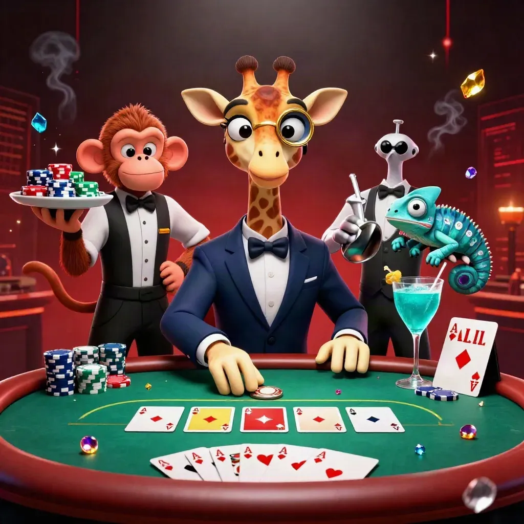 Jirafa elegante, mono y camaleón en mesa de póker con fichas y neón teal.