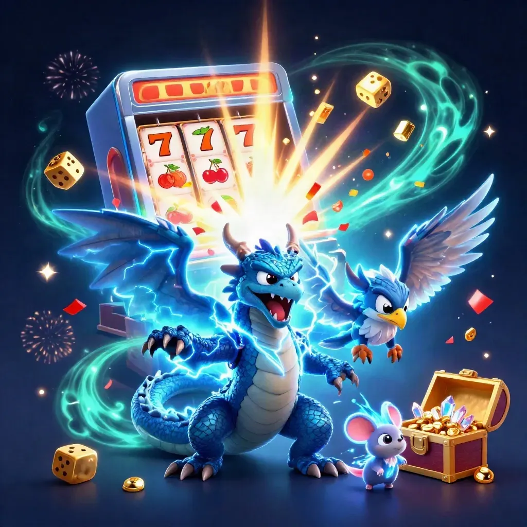 Dragón eléctrico, halcón y ratón con tragaperras, tesoro y chispas en azul y teal.