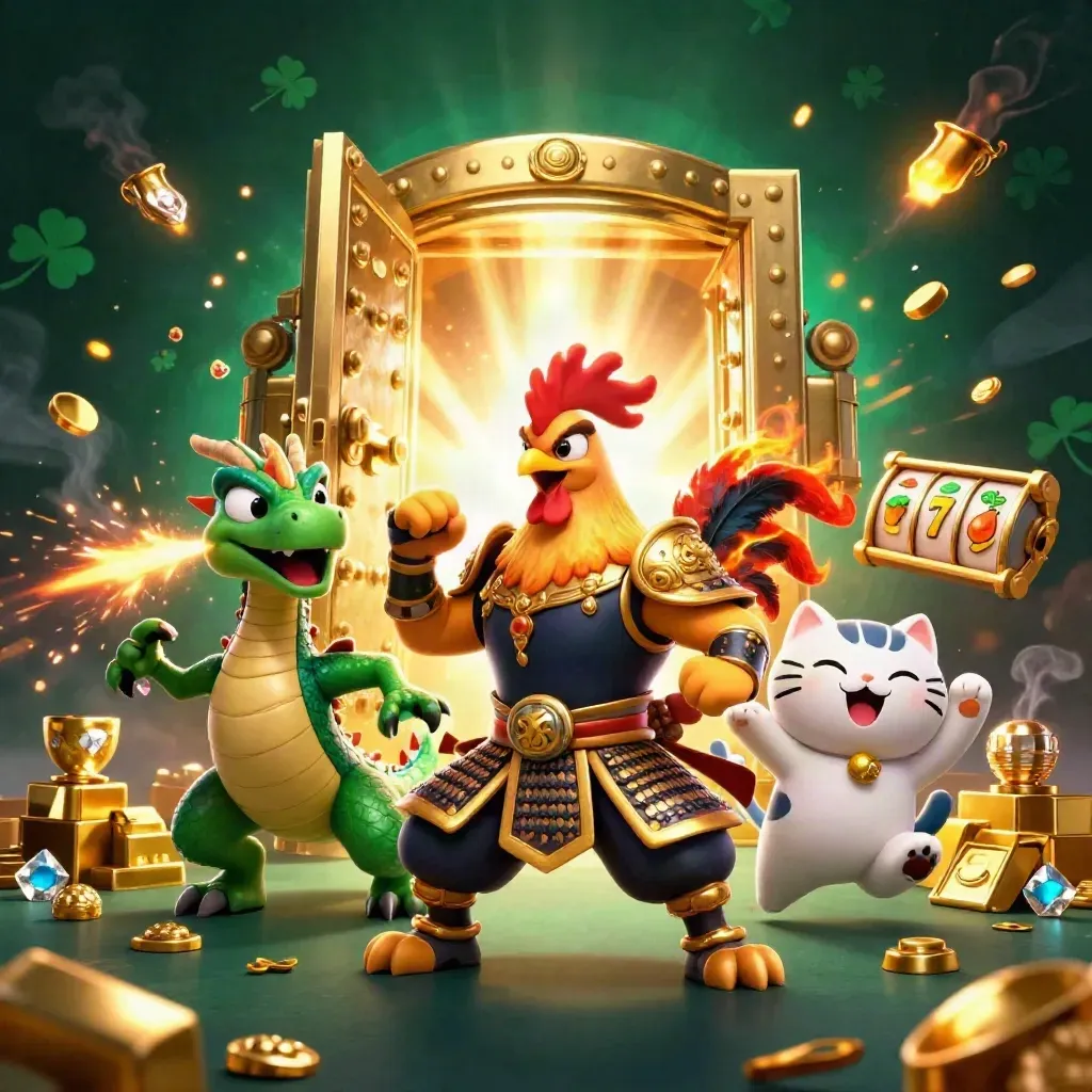Gallo samurái, dragón y gato fortuna frente a una bóveda de oro con gemas y luces verdes.