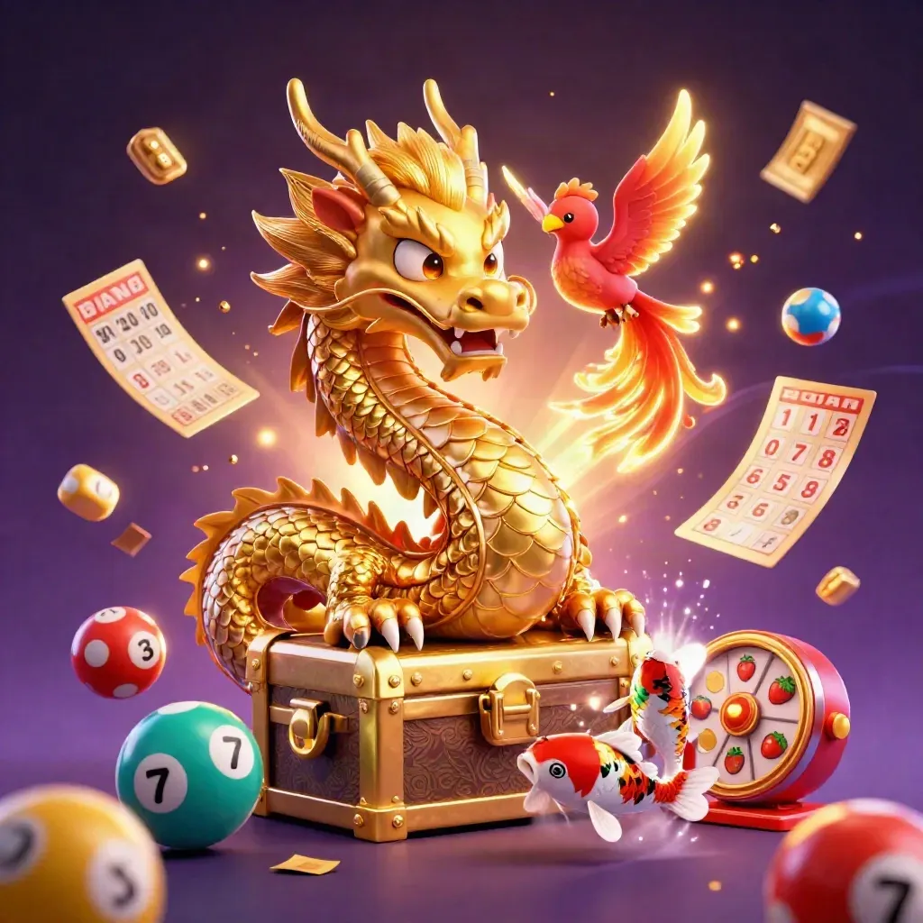 Dragón dorado con fénix, koi, bolas de lotería y ruleta sobre fondo púrpura neón.