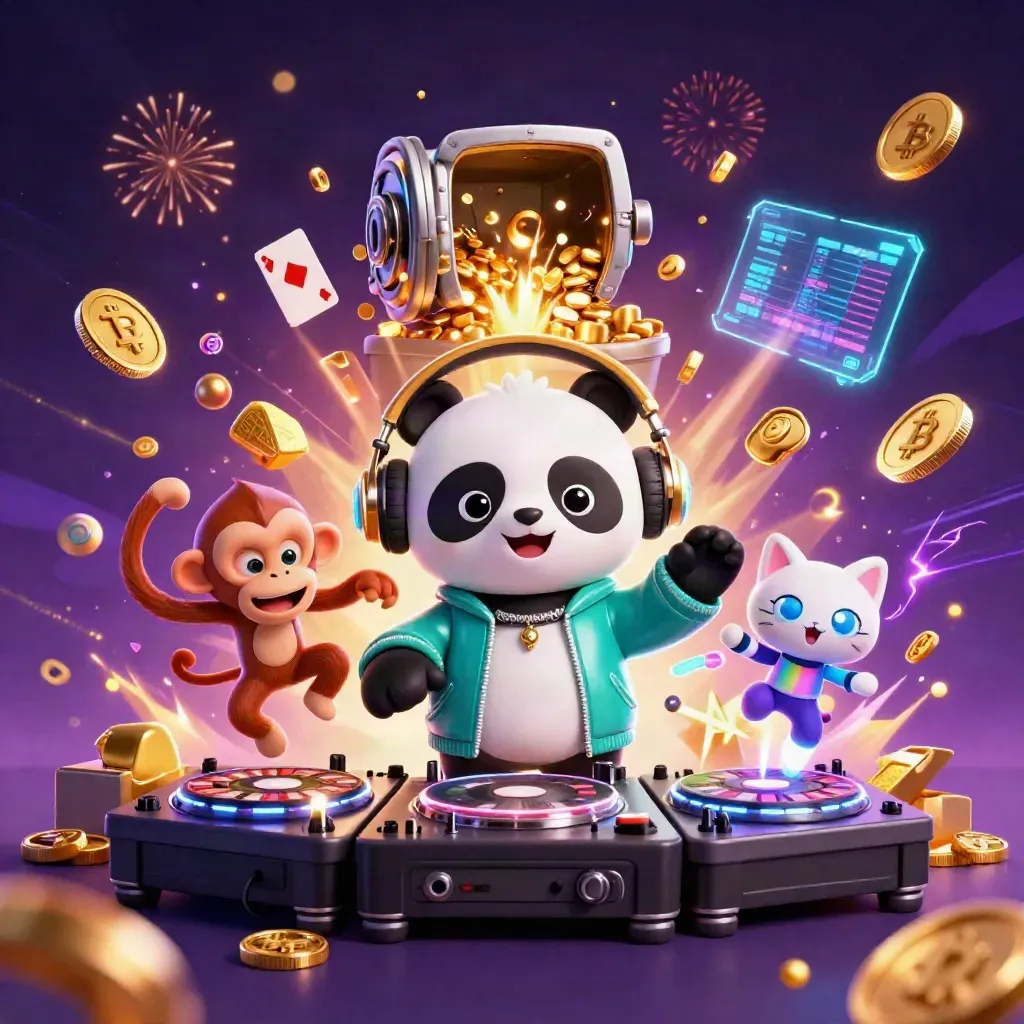 Trío de animales rave con monedas, fuegos y luces en un fondo oscuro neón.