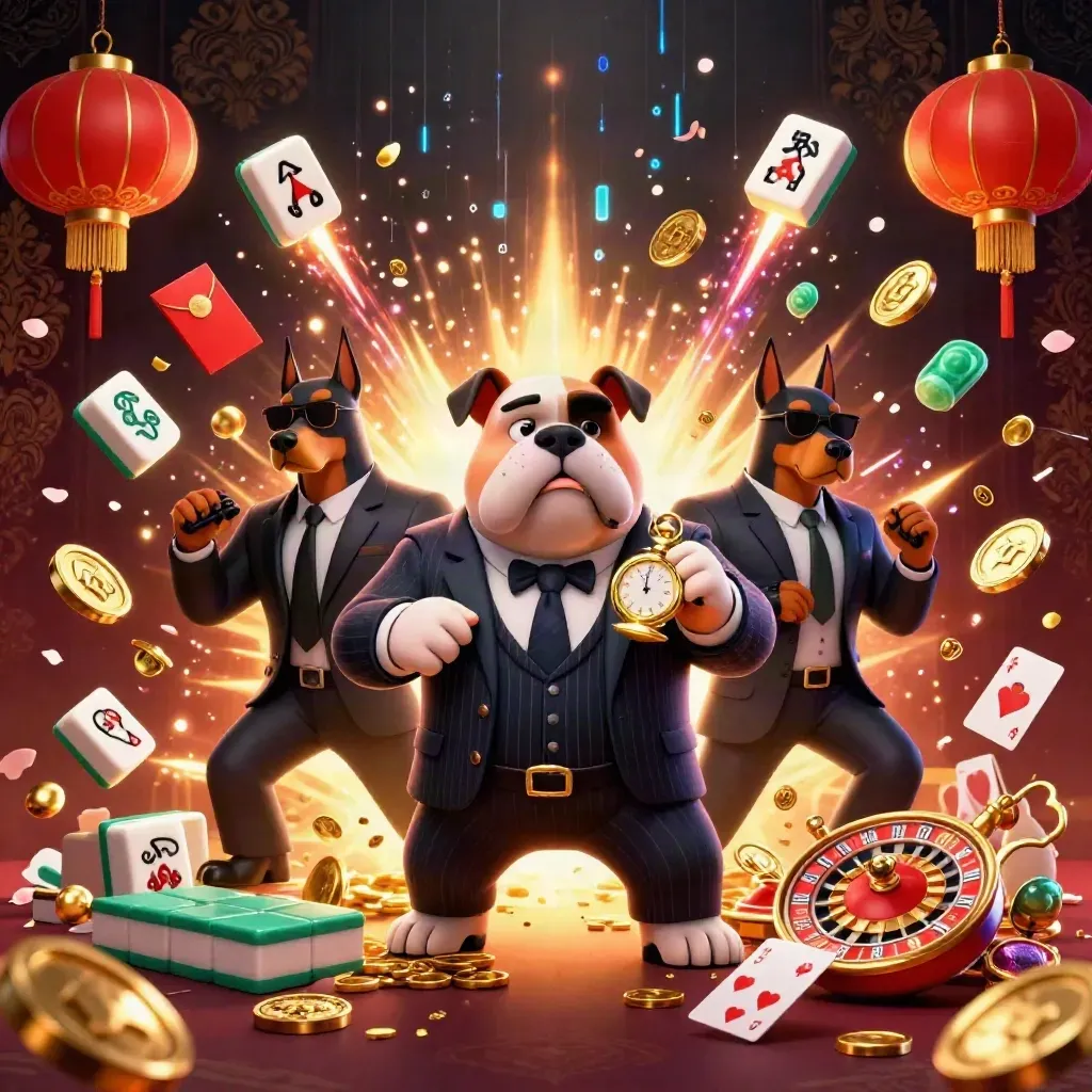 Bulldog mafioso y dos dobermans entre monedas, luces, faroles y fuegos artificiales