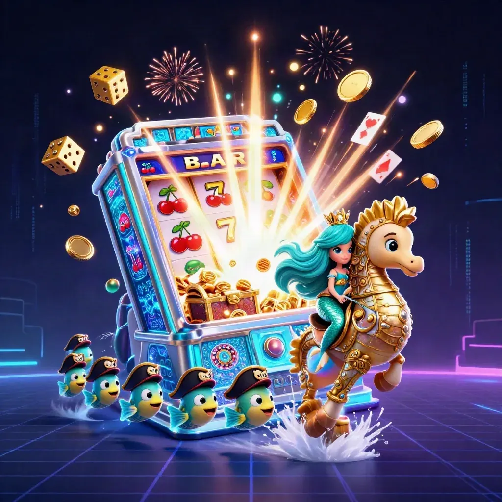 Sirena princesa con seahorse dorado, monedas y slots brillando en azul marino y teal.