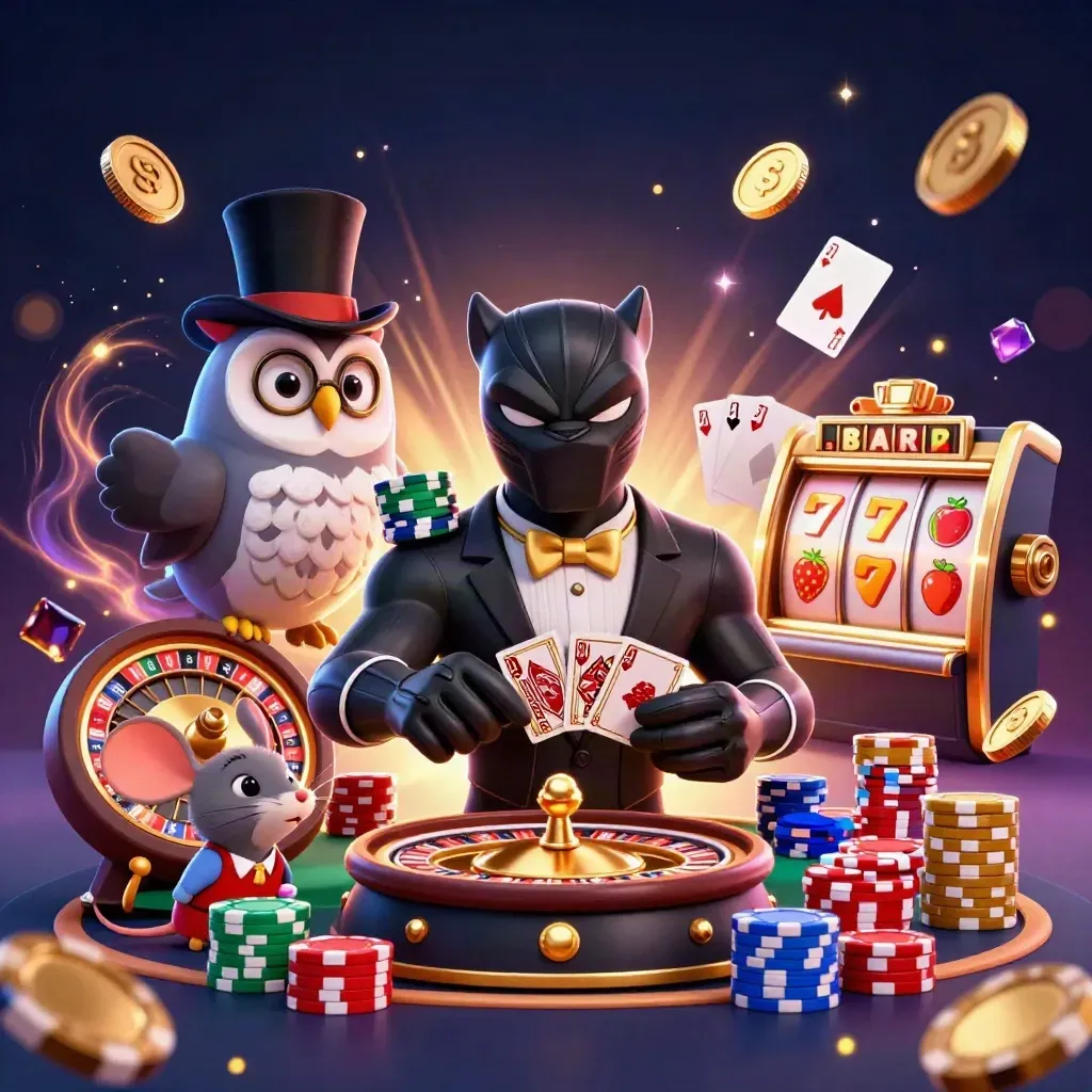 Pantera, búho y ratón de casino entre fichas, ruleta y monedas sobre fondo azul marino.