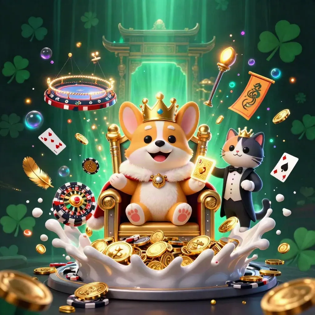 Corgi rey y gato mayordomo entre monedas, fuego y un templo asiático en una escena casino épica.