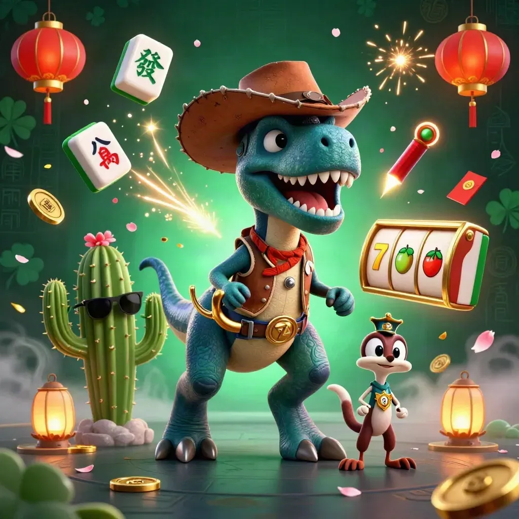 Vaquero T-Rex 3D con cactus y correcaminos, rodeado de fichas, faroles y monedas.