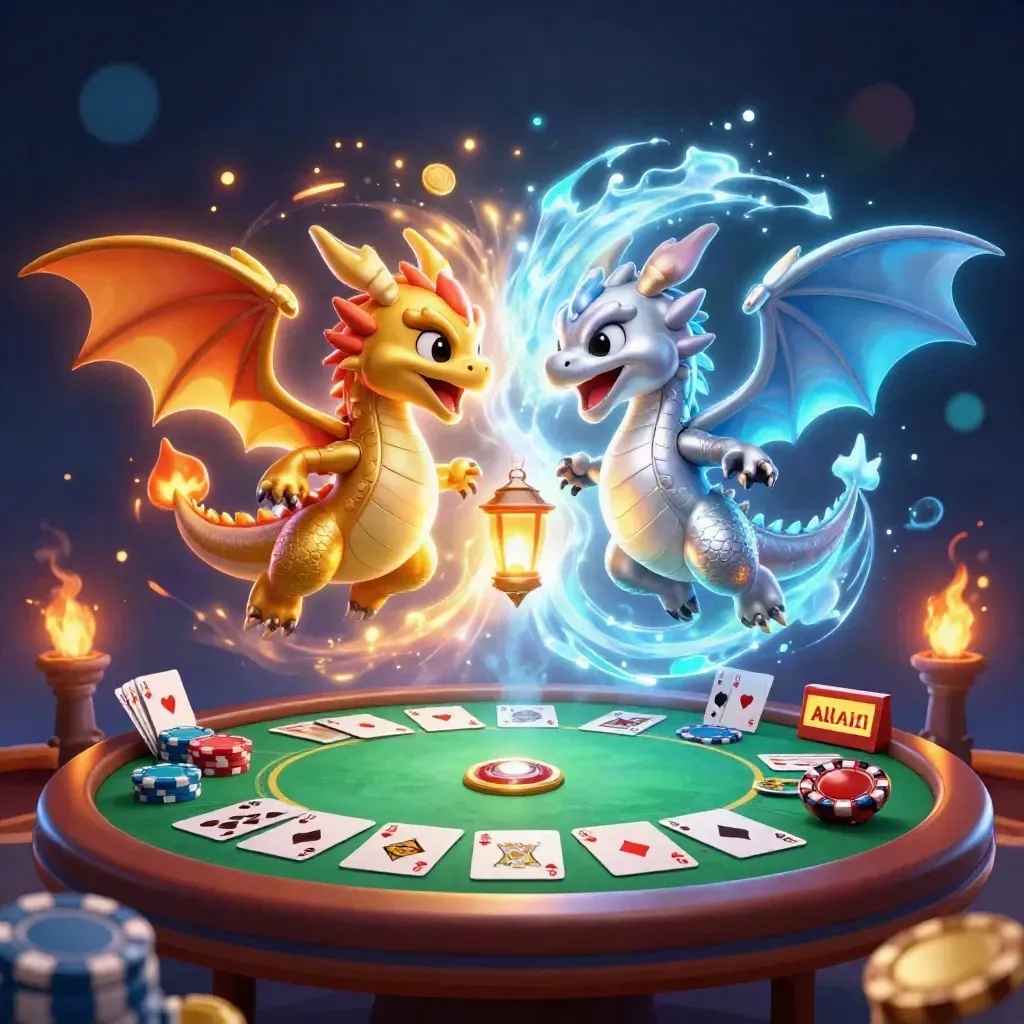 Dos dragones 3D de oro y plata vuelan entre fichas, cartas y luces de casino.
