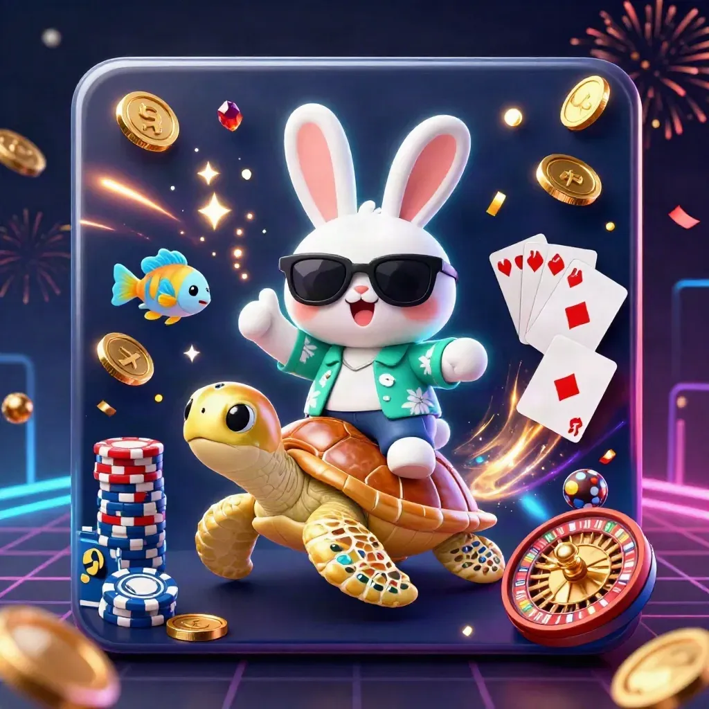 Conejo 3D con gafas montado en una tortuga dorada entre monedas y fichas de casino.