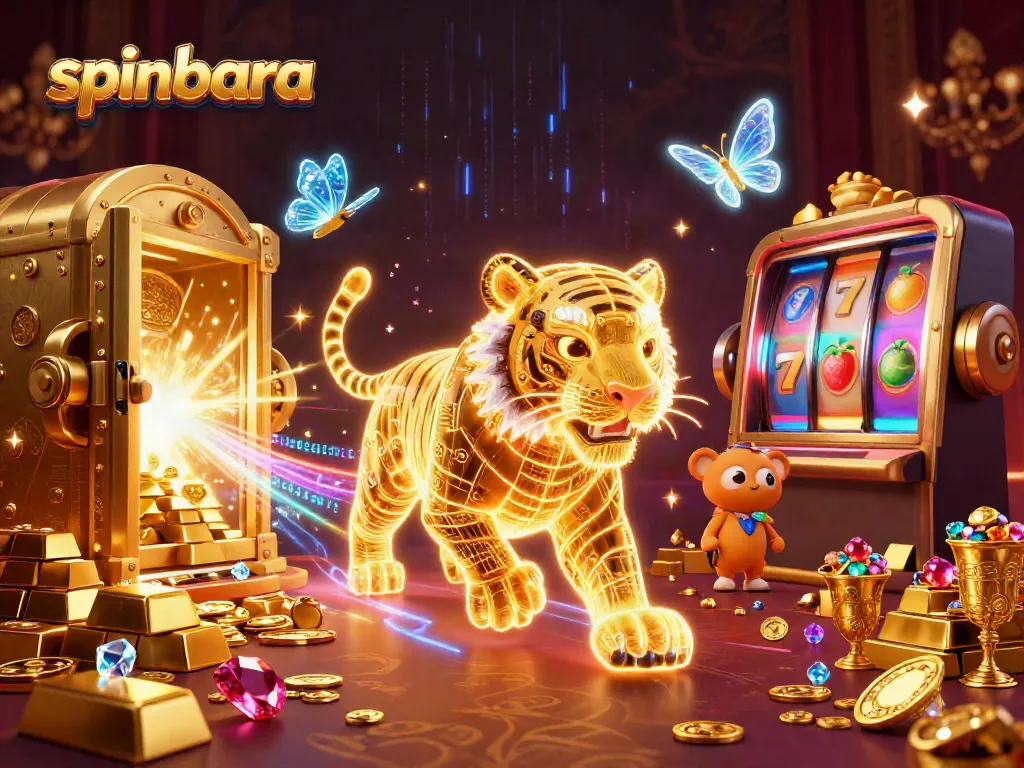 Spinbara casino landscape with a vibrant golden tiger and treasures, perfect for immersive gaming