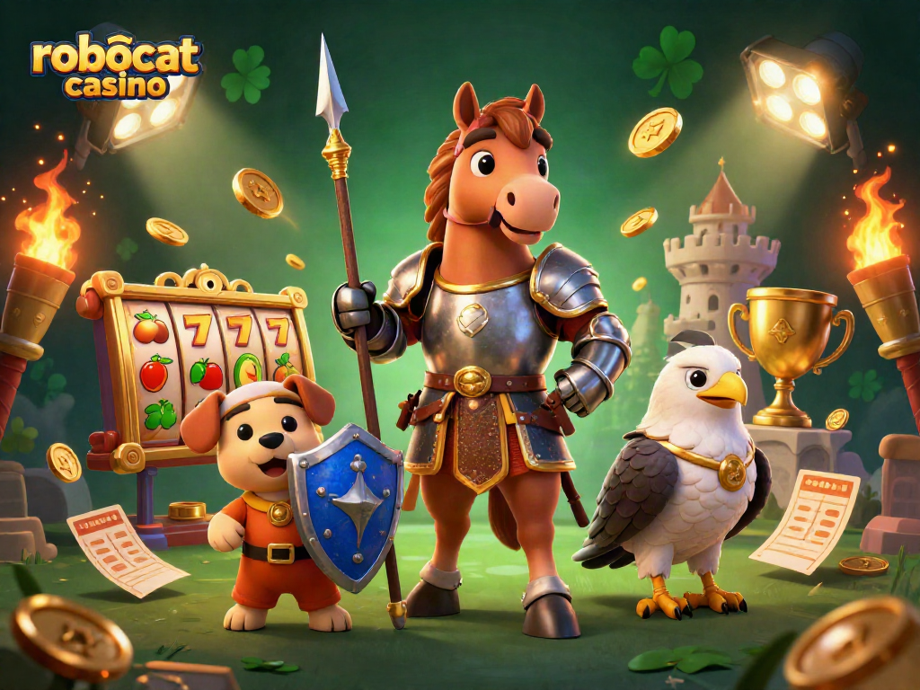 Experience the thrill of robocat casino with a vibrant 3D knight and gaming elements.
